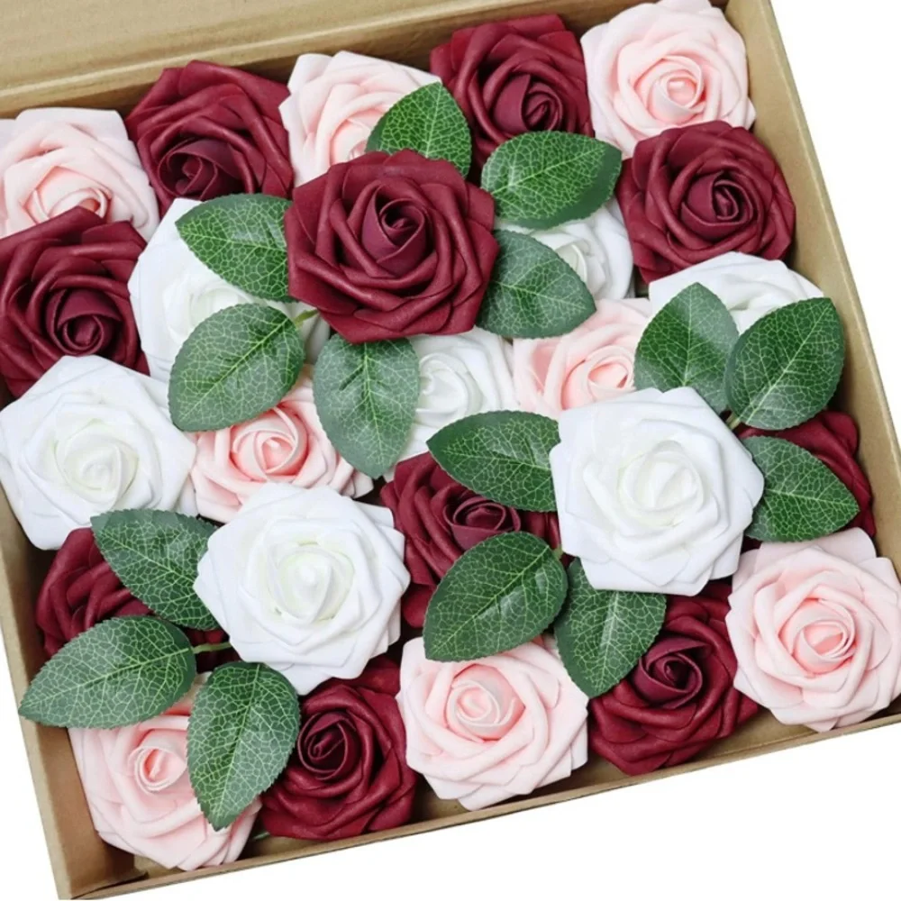 25 Count | Burgundy White Blush Roses Wedding Bouquet Flowers Centerpiece Decor